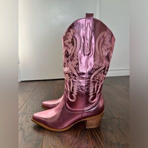 GOSERCE Boots for Women - Metallic Mid Wide Calf Cowgirl Boots with Embroidery